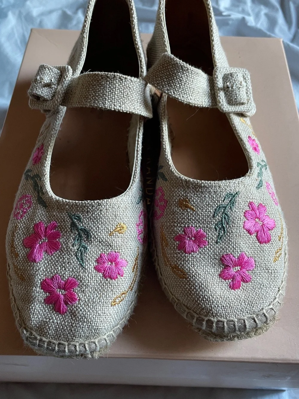 Naguisa Espadrille Mary Jane Flats with Pink Floral Embroidery